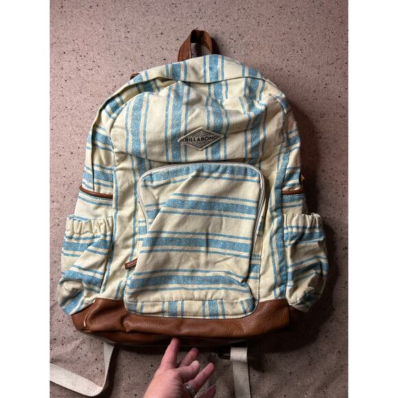Billabong Canvas Backpack Blue Stripes Cream w/ Brown Faux Leather Accents - Picture 1 of 10
